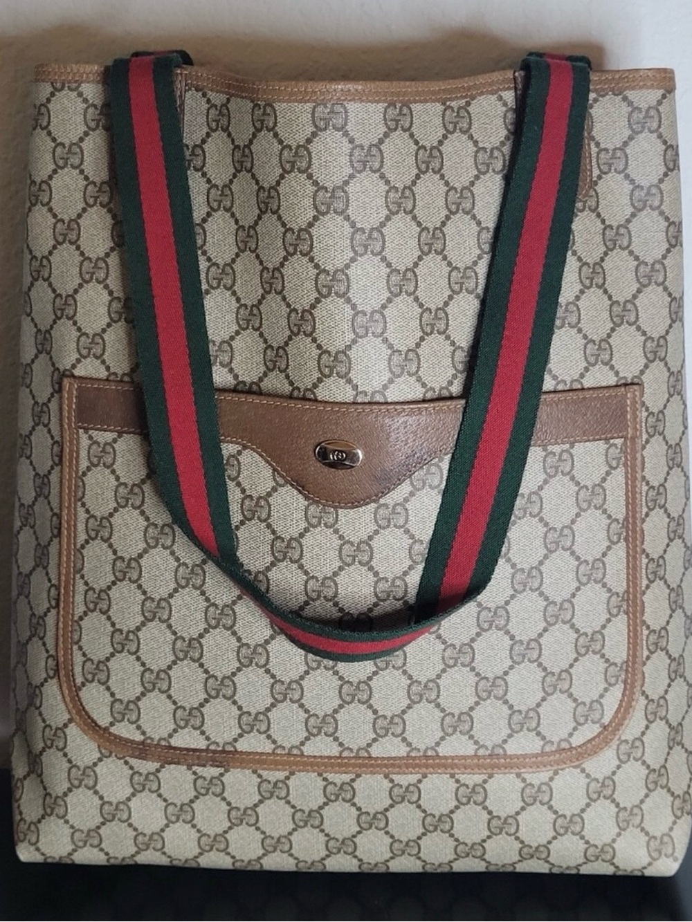 Gucci Beige Monogram Large Tote with Green and Red Web Straps in EUC with COA